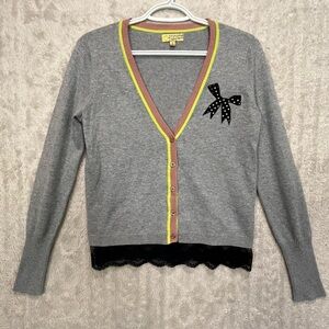 Princess Vera Wang Gray Button Cardigan Sweater  Sz S Lace Hem Colorful Trim